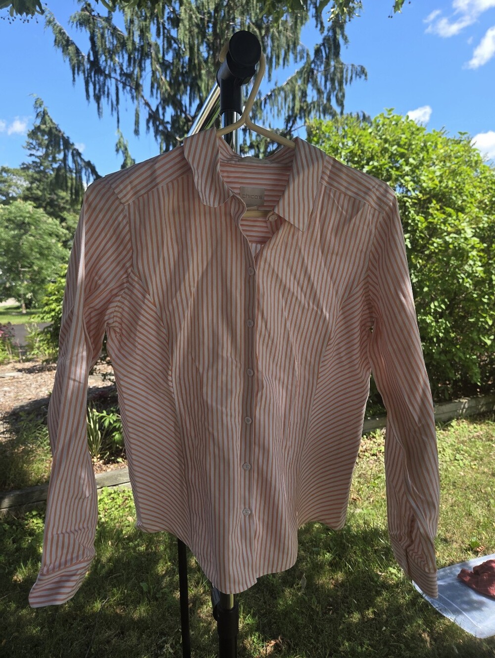 Chico's Coral and White Striped Button-Down Shirt, Size Small
